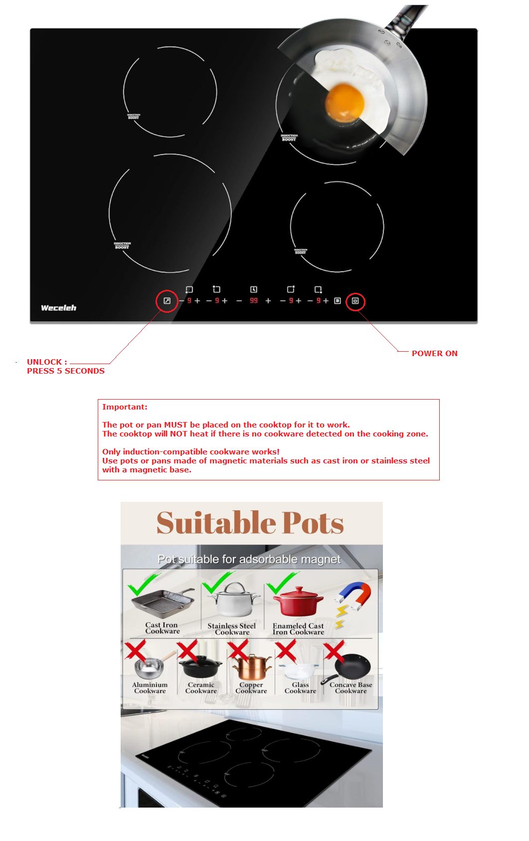 Induction cooktop guide: unlock by pressing 5 seconds, power button location, and which pots and pans are suitable
