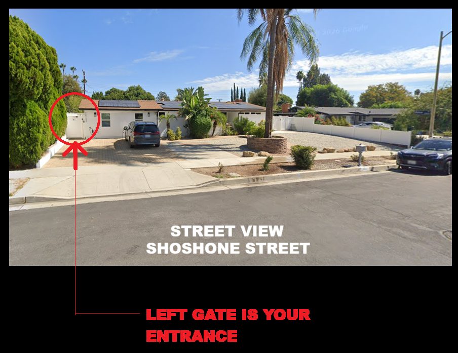 Street view of the house from Shoshone Street, with the left gate circled as your entrance