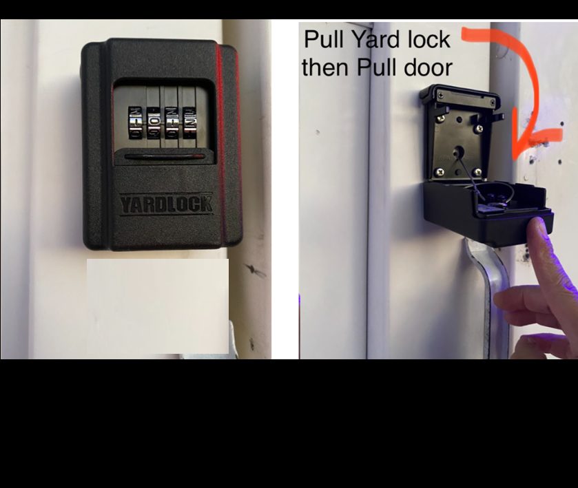The gate lock: enter the code, pull the yard lock open, then pull the gate